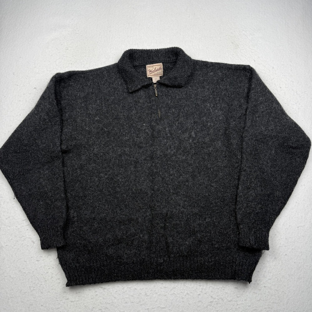 Woolrich Sweater Mens Large Gray Wool 1/4 Zip Collared Knit Pullover Made USA